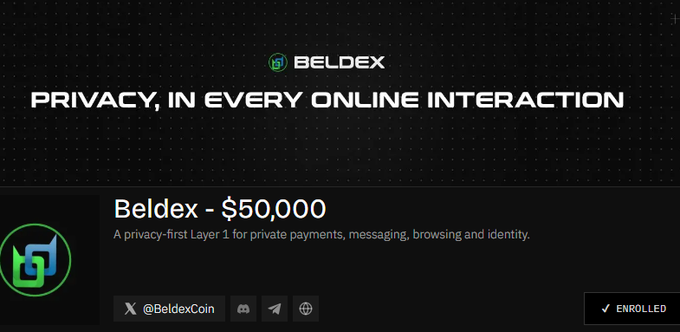 A webpage banner for 'BELDEX' with the heading 'PRIVACY, IN EVERY ONLINE INTERACTION' and text 'Beldex - $50,000 - A privacy-first Layer 1 for private payments, messaging, browsing and identity,' showing an enrolled status and @BeldexCoin handle.