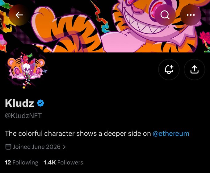 A Twitter profile screenshot for 'Kludz' (@KludzNFT) with a bio reading 'The colorful character shows a deeper side on @ethereum', 'Joined June 2026', and '1.4K Followers'.