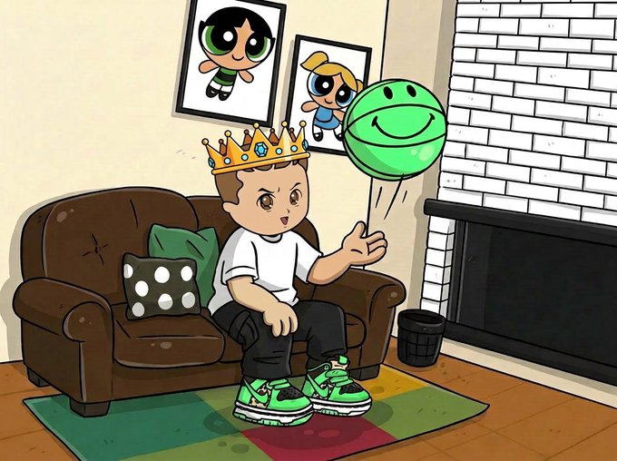 A cartoon illustration depicts a young boy wearing a crown sitting on a brown couch holding a green smiley-face balloon, with framed pictures of Powerpuff Girls on the wall behind him.