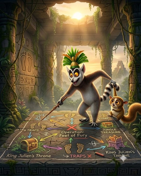 The image depicts King Julien, the lemur character from Madagascar, standing on a stone game board marked with a flowchart labeled "Operation: Feet of Fury," featuring steps like "TRAPS," "ESCAPE," "JUNGLE TREASURE," and "King Julien's Throne," while Mort the mouse lemur watches nearby. 

This whimsical, adventurous scene loosely parallels the post's promotion of $MoveIt, using King Julien's daring "operation" as a playful metaphor for the bold, strategic moves being made in the token's development and the call for readers to join in on the opportunity.