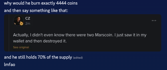 A social media post asks why someone burned "exactly 4444 coins" and then said they "didn't even know there were two Marscoin," noting the user "still holds 70% of the supply."