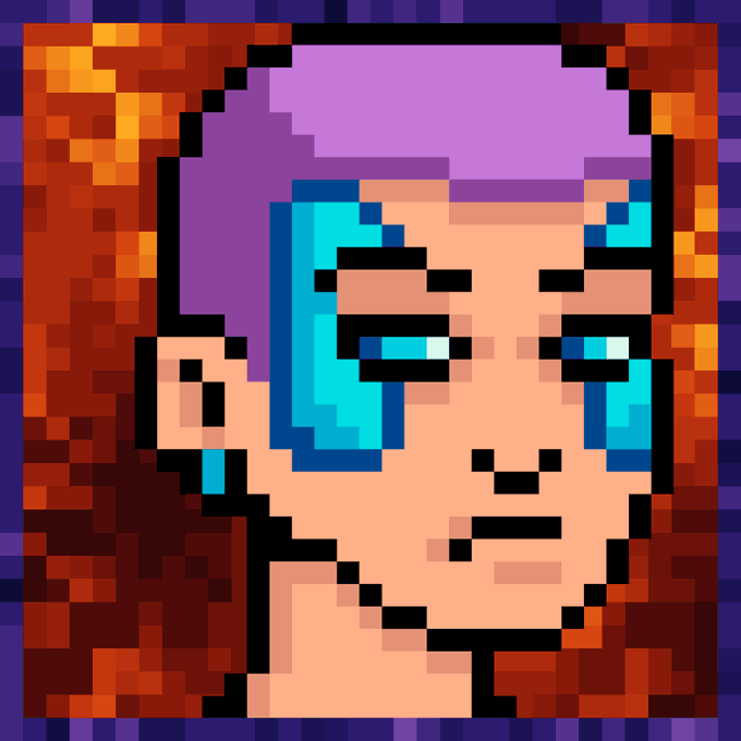 A pixel art portrait of a character with purple hair, blue eyes, and a slight smirk against a purple background.