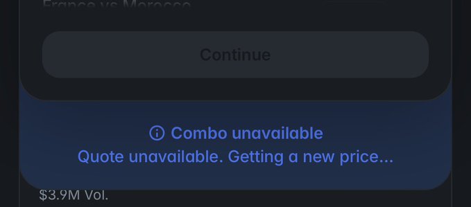 Screenshot of an app interface showing a disabled 'Continue' button with the message 'Combo unavailable - Quote unavailable. Getting a new price...' and '$3.9M Vol.' visible at the bottom.
