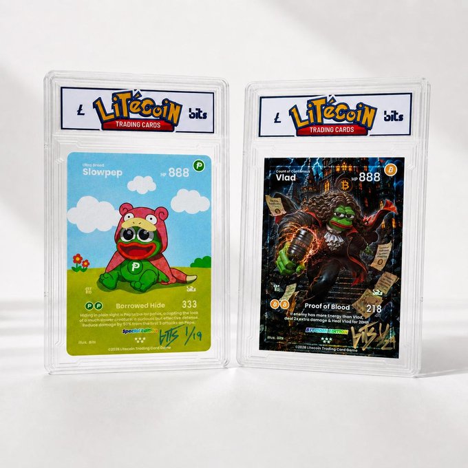 Two Litecoin Trading Cards are displayed in protective sleeves, featuring 'Slowpep' (HP 888, 'Borrowed Hide' attack, 333 damage) and 'Vlad, Count of Darkness' (HP 888, 'Proof of Blood' attack, 218 damage), both showing the Litecoin ₿ logo.