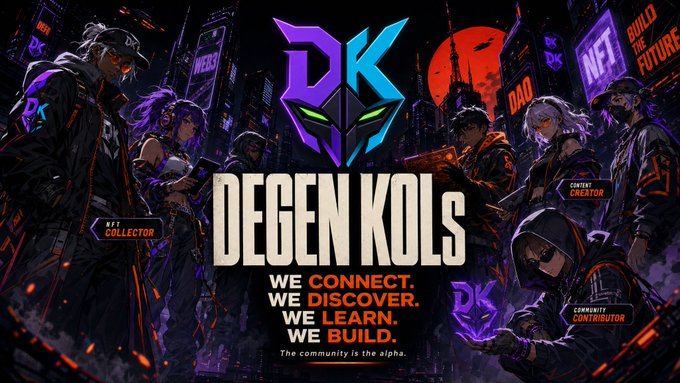 A promotional banner for 'DEGEN KOLS' featuring a stylized blue and purple mask logo, surrounded by various anime-style character illustrations labeled with roles like 'NFT COLLECTOR,' 'CONTENT CREATOR,' and 'COMMUNITY CONTRIBUTOR,' with the tagline 'WE CONNECT. WE DISCOVER. WE LEARN. WE BUILD. The community is the alpha.'