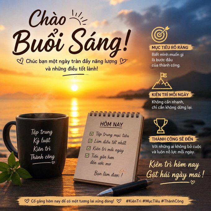 A Vietnamese morning motivational graphic titled 'Chào Buổi Sáng!' featuring a coffee mug, to-do list, and inspirational text about goals and perseverance.