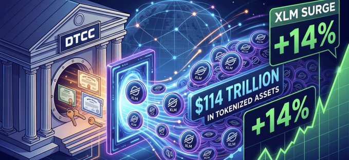 A crypto-themed illustration featuring a DTCC building with a safe door alongside XLM (Stellar) coins and banners reading 'XLM SURGE +14%', '$114 TRILLION IN TOKENIZED ASSETS', and '+14%'.