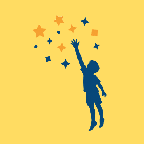 Illustration of a young boy's silhouette reaching up toward orange and blue stars and squares against a yellow background.