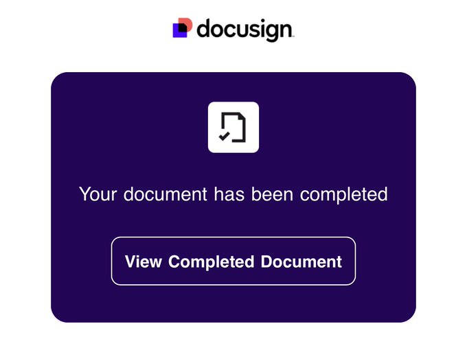 A DocuSign confirmation page stating "Your document has been completed" with a "View Completed Document" button, indicating the user has just electronically signed for their Backpack Card.