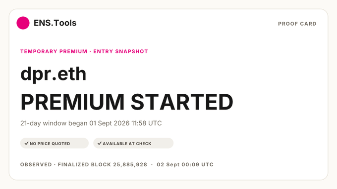 An ENS.Tools proof card showing that the dpr.eth ENS domain has started a 21-day temporary premium window on September 1, 2026, with no price quoted yet.