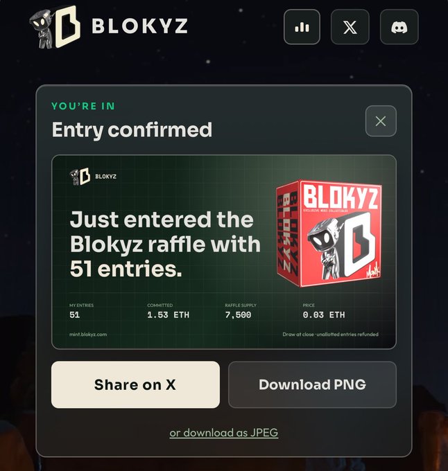 A 'BLOKYZ' entry confirmation screen shows 'Just entered the Blokyz raffle with 51 entries' and details 1.63 ETH committed against a 7,500 raffle supply at 0.03 ETH per entry.