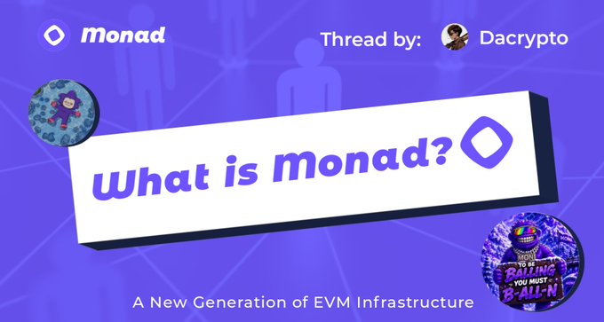 The image features a purple background with white text that reads "What is Monad?". Below this, there are two circles containing images of people. The first circle has a person wearing a hat and the second one has a person wearing a mask. The text above these circles says "Monad? Thread by: Darcpyto".