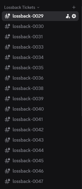 A Discord channel sidebar displays a "Lossback Tickets" list with numbered tickets ranging from lossback-0029 (currently selected) down to lossback-0047, representing the multiple lossback tickets that were sent out. The "+" icon at the top suggests additional tickets can be added, and the person/group icon indicates recipients can be assigned to each ticket.