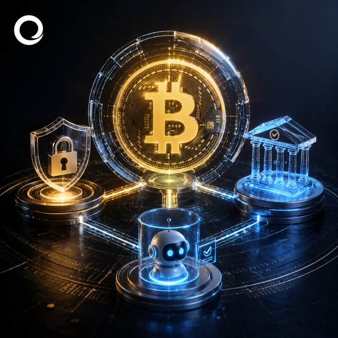 A digital artwork featuring a glowing golden Bitcoin symbol in the center, flanked by a shield with a padlock icon (security) and a bank/building icon, with a small AI robot figure below, all set on a dark technological background.