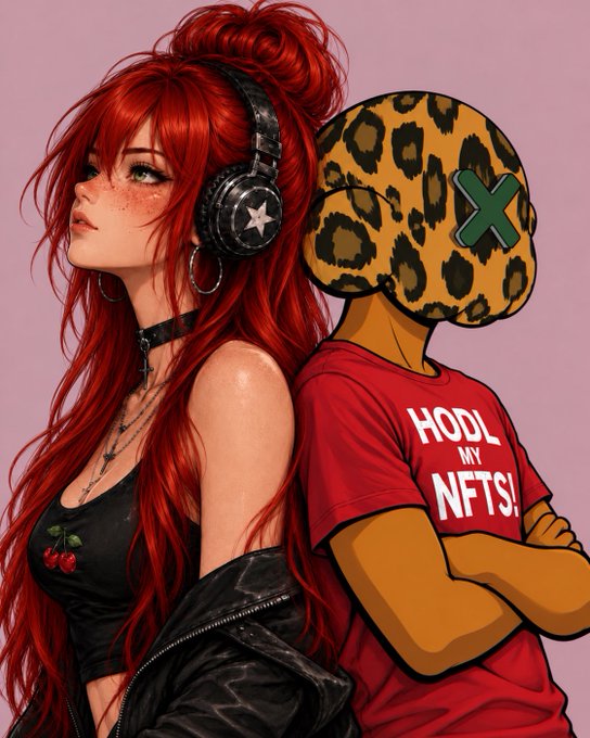 An illustration of a red-haired girl with headphones standing next to a character with a leopard-print head wearing an 'HODL MY NFTS!' red t-shirt.