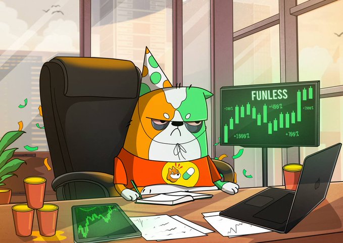 An illustration depicts a dog character wearing a green and orange hoodie and a party hat, sitting at a desk with a laptop and a monitor displaying "FUNLESS" with a rising green stock chart.