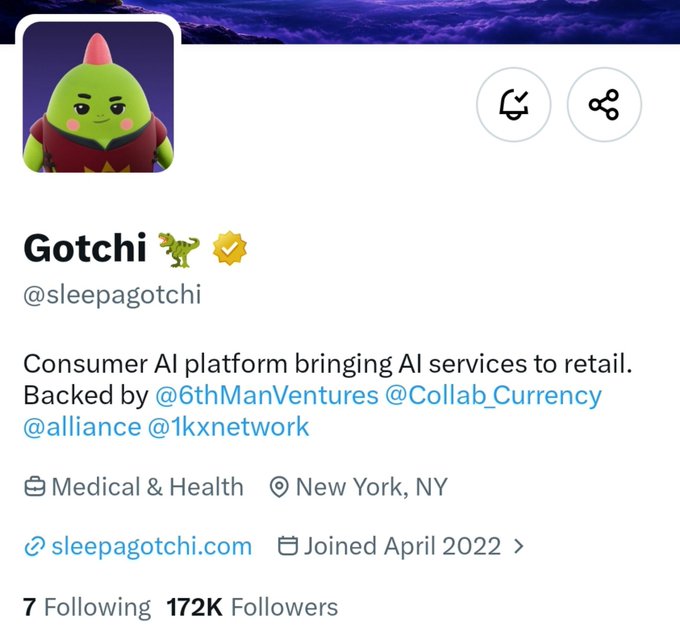 A Twitter profile for 'Gotchi' (@sleepagotchi), describing itself as a 'Consumer AI platform bringing AI services to retail,' based in New York, NY in the Medical & Health sector, backed by @6thManVentures, @Collab_Currency, @alliance, and @1kxnetwork, with 172K Followers.