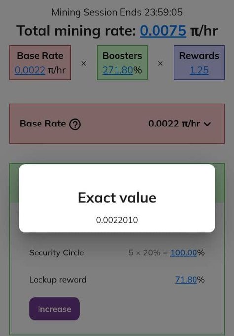 A Pi cryptocurrency mining app screen showing a total mining rate of 0.0075 π/hr, with a base rate of 0.0022 π/hr and boosters of 271.80%, displaying an exact value of 0.0022010.
