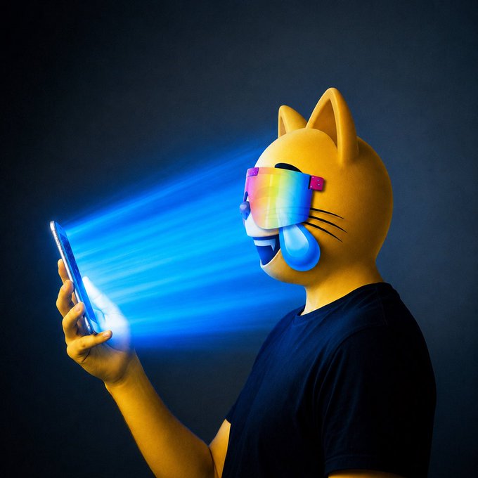 A 3D-rendered yellow cat character wearing rainbow-colored VR goggles and a black shirt holds up a smartphone emitting a blue light.