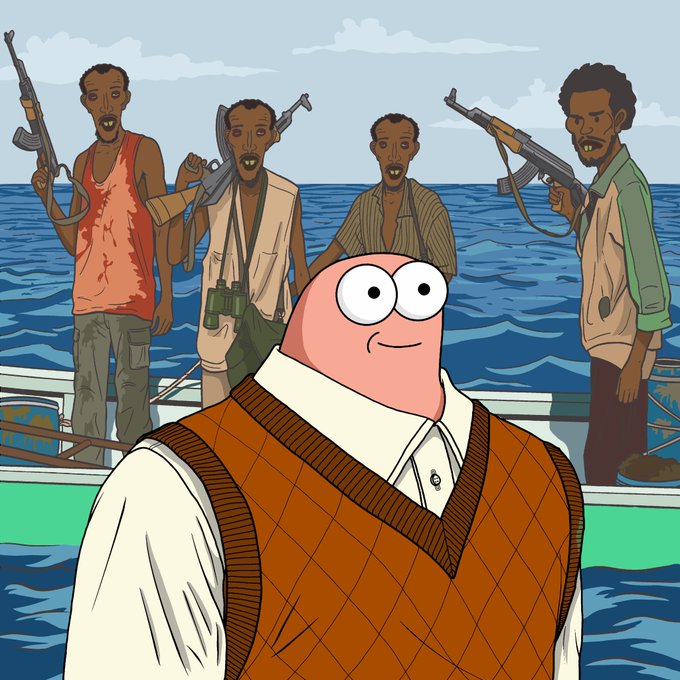 The cartoon image depicts a wide-eyed character in a brown argyle sweater vest surrounded by armed men on a boat at sea, reflecting the crude, hand-drawn NFT art style referenced in the post about a $FONZ NFT. The exaggerated, satirical illustration style aligns with the claim of being hand-drawn rather than AI-generated.
