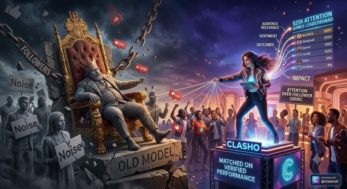 A digital illustration contrasting a king on an 'OLD MODEL' throne with a figure on a 'CLASHO' pedestal, surrounded by text about audience relevance, sentiment, and attention games leaderboards.