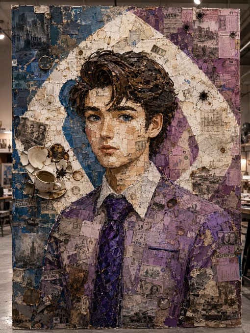A mixed-media mosaic portrait of a young man in a purple suit and tie, constructed from various paper fragments, tiles, and found objects.