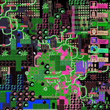 A dense, colorful digital illustration featuring neon green, pink, and blue abstract patterns, faces, and plant-like motifs with small portrait images in the upper right corner.