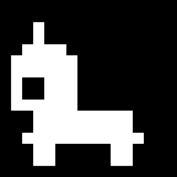 A minimalist pixel art representation of a llama or alpaca in white against a solid black background.