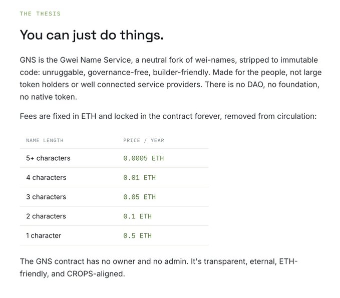 A webpage titled 'You can just do things.' describing GNS (Gwei Name Service) as a neutral fork of wei-names, with a pricing table showing ETH fees per year based on name length.
