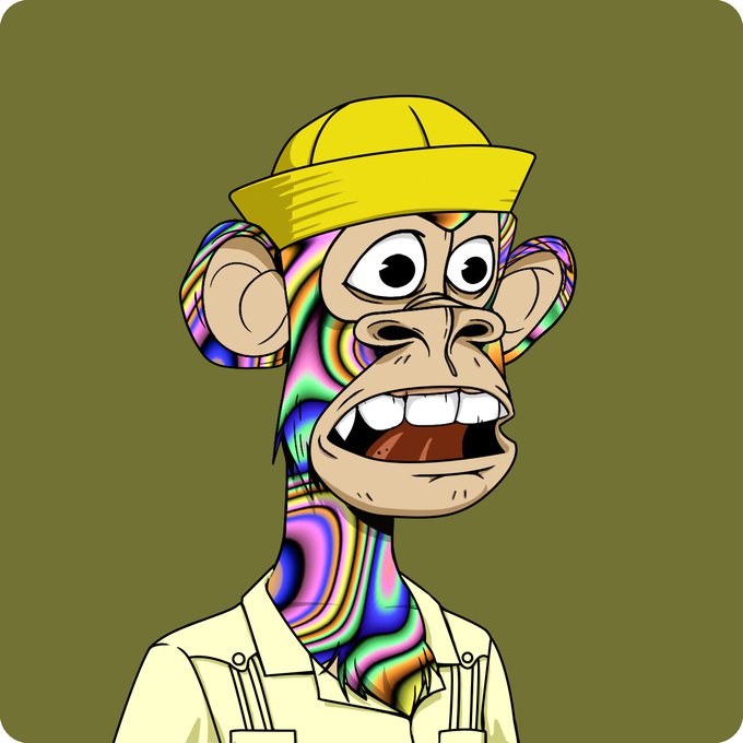 The image features a cartoon monkey wearing a yellow hat with a smiley face design, standing against a green background. The monkey appears to be looking at something or someone, possibly indicating that they are surprised by an unexpected event or situation. The caption above the image reads "per Gordon, bored apes were meant to be goofy, funny and mildly ridiculous this Ape captures that spirit perfectly surprised this went unsold this long now mine bored ape yacht club". This suggests that the monkey's facial expression and body language convey a sense of amusement or surprise at something unexpected.