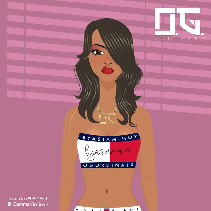 A digital illustration of a woman wearing a 'bysiaminor OGORDINALS' top and a 'JG' chain, branded with the 'OG ORDINALS' Bitcoin Ordinals logo and inscription 90974933.