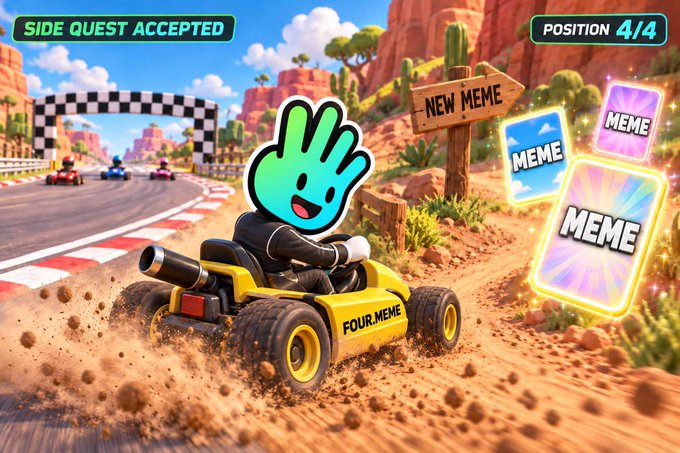 A cartoon cyan hand character drives a yellow "FOUR_MEME" buggy through a desert racetrack, with floating "MEME" cards and a "NEW MEME" signpost ahead, while the HUD shows "SIDE QUEST ACCEPTED" and "POSITION 4/4" — reflecting the caption's theme of staying the course despite trailing the pack.

Key visible text: "SIDE QUEST ACCEPTED," "POSITION 4/4," "FOUR_MEME," "NEW MEME," "MEME."
