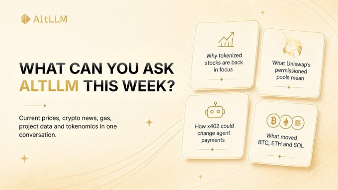 A promotional graphic for AltLLM with the headline 'WHAT CAN YOU ASK ALTLLM THIS WEEK?' and four topic cards covering tokenized stocks, Uniswap's permissioned pools, the x402 agent payment change agent, and BTC, ETH and SOL price movements.