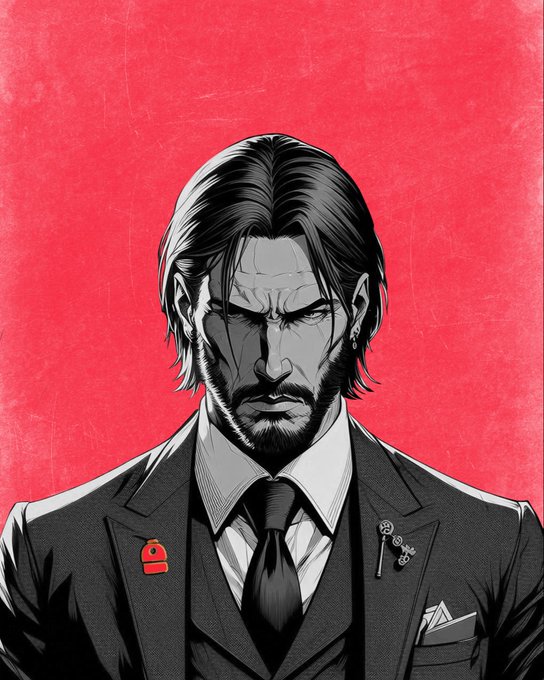 An illustrated portrait of a bearded man in a dark suit and tie against a bold red background, featuring a small red badge pin on his lapel.