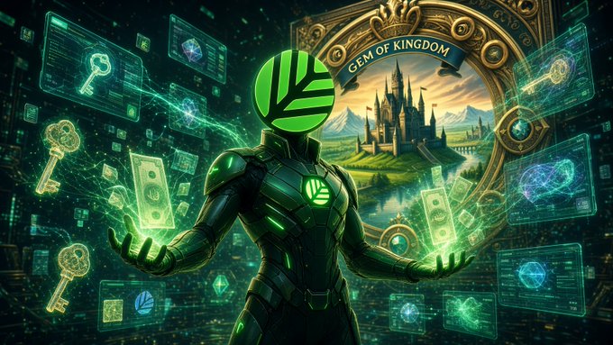 A futuristic green-armored figure holds holographic money and keys, with the logo 'GEM OF KINGDOM' and a fantasy castle in the background, surrounded by digital screens and floating coins.