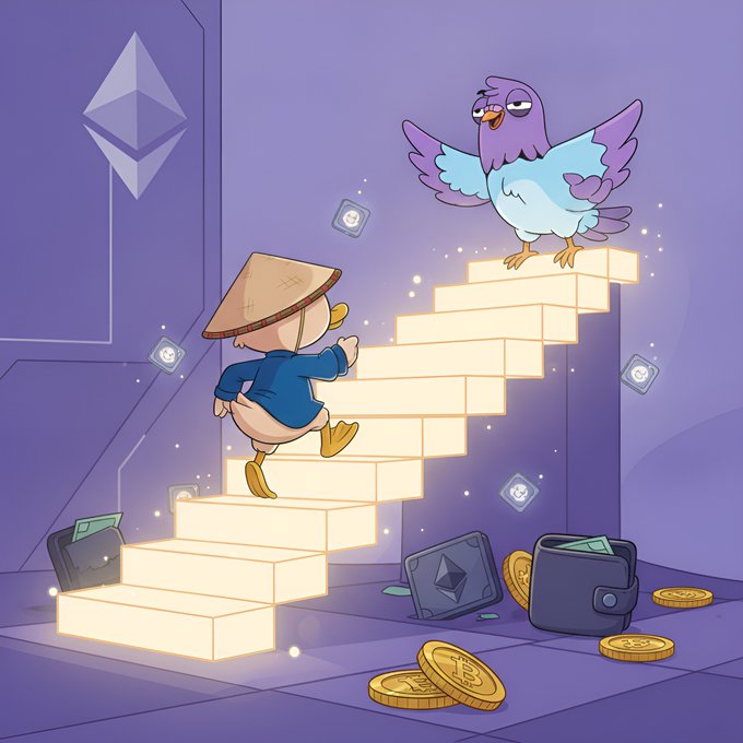 A cartoon character in a conical hat climbs glowing golden stairs toward a smug purple bird perched at the top, while coins (including Bitcoin), Ethereum diamond logos, and wallets lie scattered at the base—visually echoing the post's message that Web3 rewards those with big wallets (the bird at the summit) while overlooking real builders (the creator still climbing), with the Wingston July 7th free mint offering an alternative path upward.