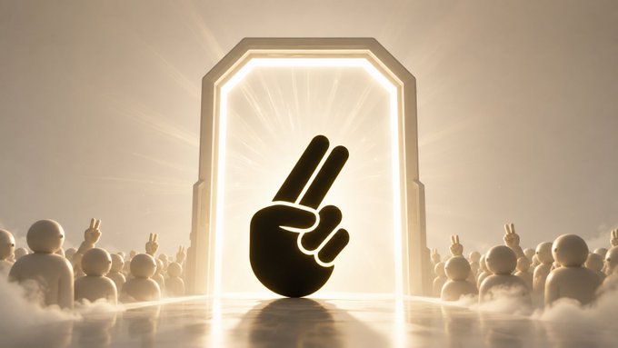 A golden-lit portal scene featuring a black hand making a two-finger gesture, flanked by crowds of small figures also raising two fingers amid clouds.