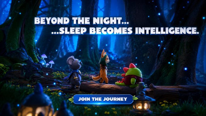 The image features a poster with a cartoon character, likely from the movie Sleepagotchis, standing next to a log in a forest setting at night. The text on the poster encourages viewers to join the project and improve their sleep habits by following the characters' example.