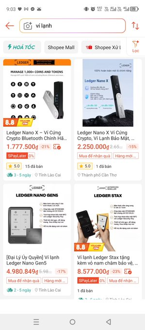 A Vietnamese e-commerce page showing search results for 'ví lạnh' (cold wallet) on Shopee Mall, displaying Ledger Nano X and Ledger Stax products with prices in Vietnamese dong.
