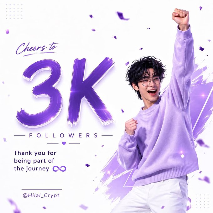 A celebration graphic featuring a young man in a purple sweater cheering with his fist raised, alongside the text 'Cheers to 3K FOLLOWERS,' 'Thank you for being part of the journey,' and the handle '@Hilal_Crypt' on a purple-themed background.