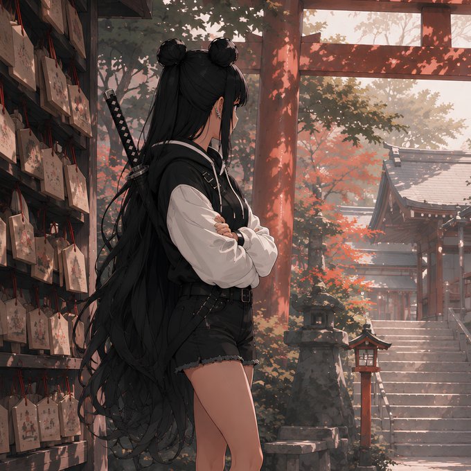 An anime-style illustration of a girl with long black hair in buns, carrying a katana, standing before a Japanese shrine with red torii gates, ema wooden plaques, and autumn foliage.