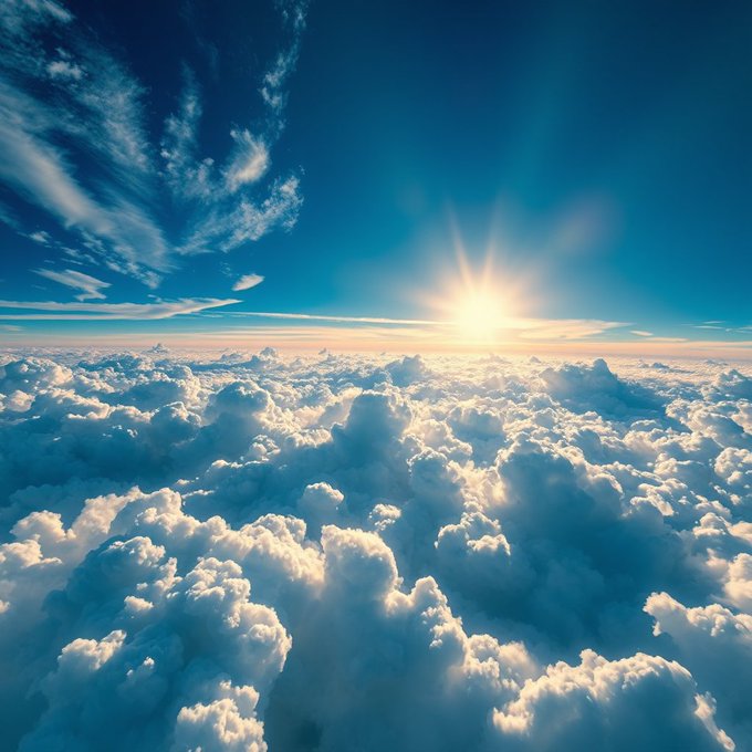 The image shows a beautiful view of the sky filled with clouds, which appears to be taken from an airplane window. The sun is shining brightly through the clouds, creating a stunning backdrop for this picturesque scene. The photo has been captioned "GM CT Have a great Tuesday Can I get GM back? Last night I dream @base would launch a token in Q2, I wonder if it will come true?".