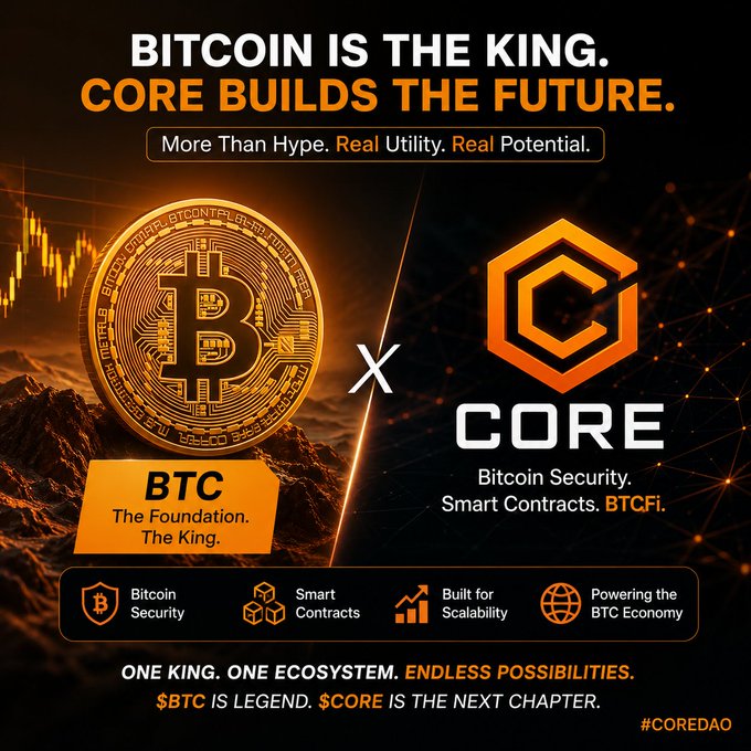 A promotional graphic stating 'BITCOIN IS THE KING. CORE BUILDS THE FUTURE.' featuring a gold Bitcoin coin labeled 'BTC - The Foundation. The King.' and the Core logo with text 'Bitcoin Security. Smart Contracts. BTCFi.' and the tagline 'ONE KING. ONE ECOSYSTEM. ENDLESS POSSIBILITIES. $BTC IS LEGEND. $CORE IS THE NEXT CHAPTER. #COREDAO'.