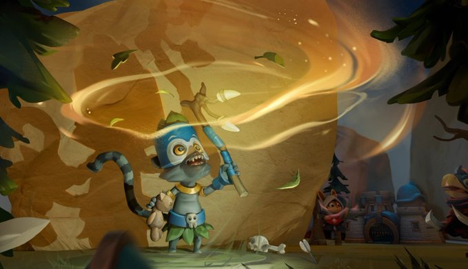 A fantasy video game illustration showing a lemur-like character with a blue helmet holding a glowing staff, standing in a forest setting with a skull on the ground and a building in the background.