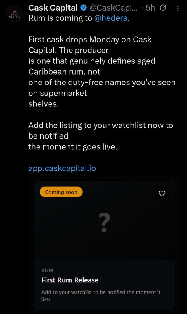 A screenshot of a smartphone or computer screen showing an email notification from Cask Capital about the release date for rum in Canada. The email includes information about therum release, adding it to the user's watch list, and informing them that it is one of the new names they've seen on their list.
