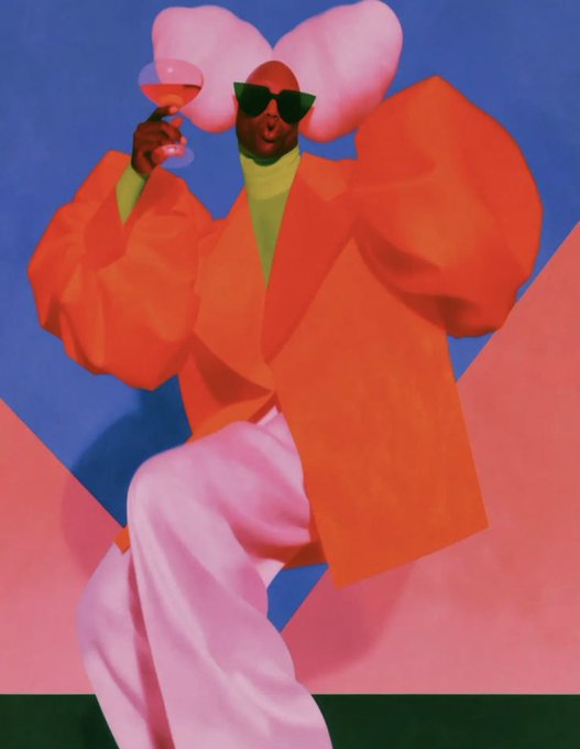 A vibrant fashion photograph of a person wearing an oversized orange blazer, pink pants, heart-shaped sunglasses, and a pink cloud-like hat while holding a cocktail glass.