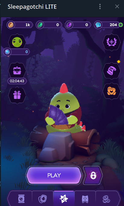 A screenshot of the mobile game 'Sleepagotchi LITE' showing a green goblin-like character sitting on a rock holding a purple crystal, with a PLAY button at the bottom and currency counters at the top (1k coins, 0, 0, 204 gems).