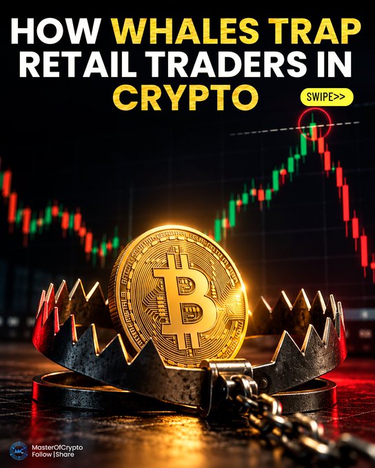 The image shows a Bitcoin coin placed inside a metal bear trap, with a background candlestick chart depicting a strong uptrend followed by a sharp reversal. The bold header reads "HOW WHALES TRAP RETAIL TRADERS IN CRYPTO," visually reinforcing the post's warning that retail traders often enter after a strong breakout candle only to get liquidated when "whales" take liquidity and reverse the price.