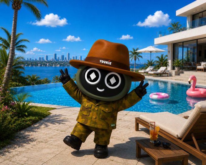 The image features a large pool area with palm trees surrounding it, where a character dressed as a person wearing a hat stands next to a lounge chair. The character has a big smile on their face and appears to be waving at the camera. There is also an orange drink placed near the character's feet. The post about Season 5 of RiverdotInc seems to be related to this scene, possibly discussing the importance of ecosystem participation or highlighting the character from the show as an example of someone who actively engages with nature in a positive way.