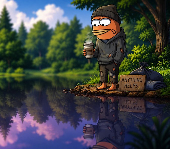 The image features a cartoon frog holding a coffee cup, standing by a body of water with trees in the background. The caption for the image reads "Gm liquidated gang Gmonad @monad is the ticker and @monad is the Blockchain btw." This suggests that the image might be related to a post about a particular cryptocurrency or blockchain project.